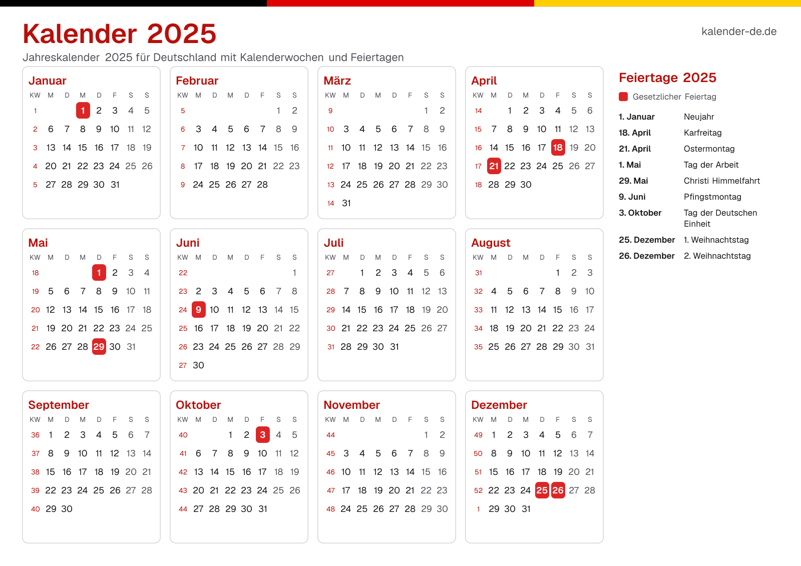 Kalender 2025 mit Kalenderwochen und Feiertagen