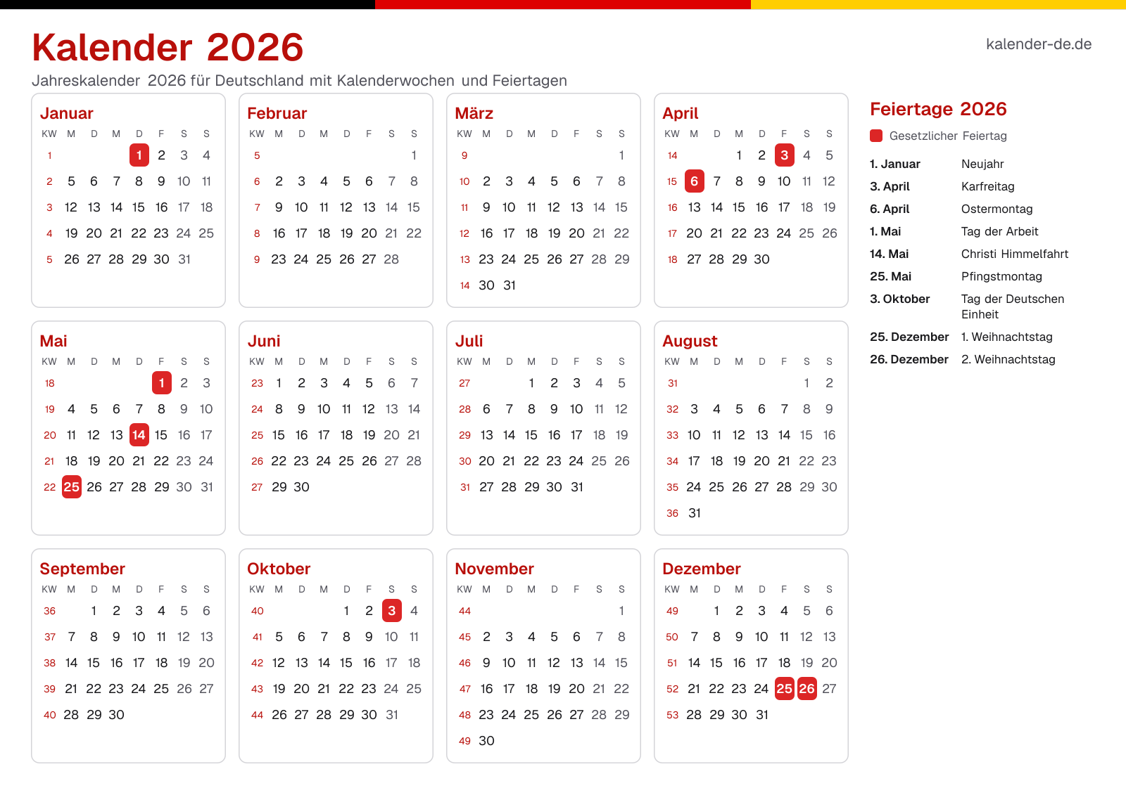 Kalender 2026 mit Kalenderwochen und Feiertagen