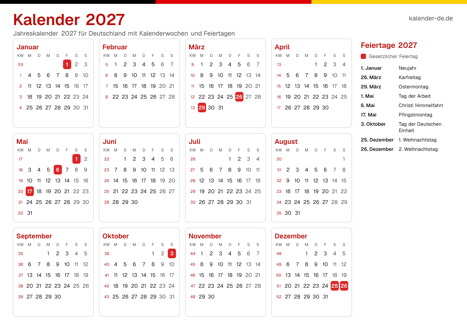 Kalender 2027 mit Kalenderwochen und Feiertagen