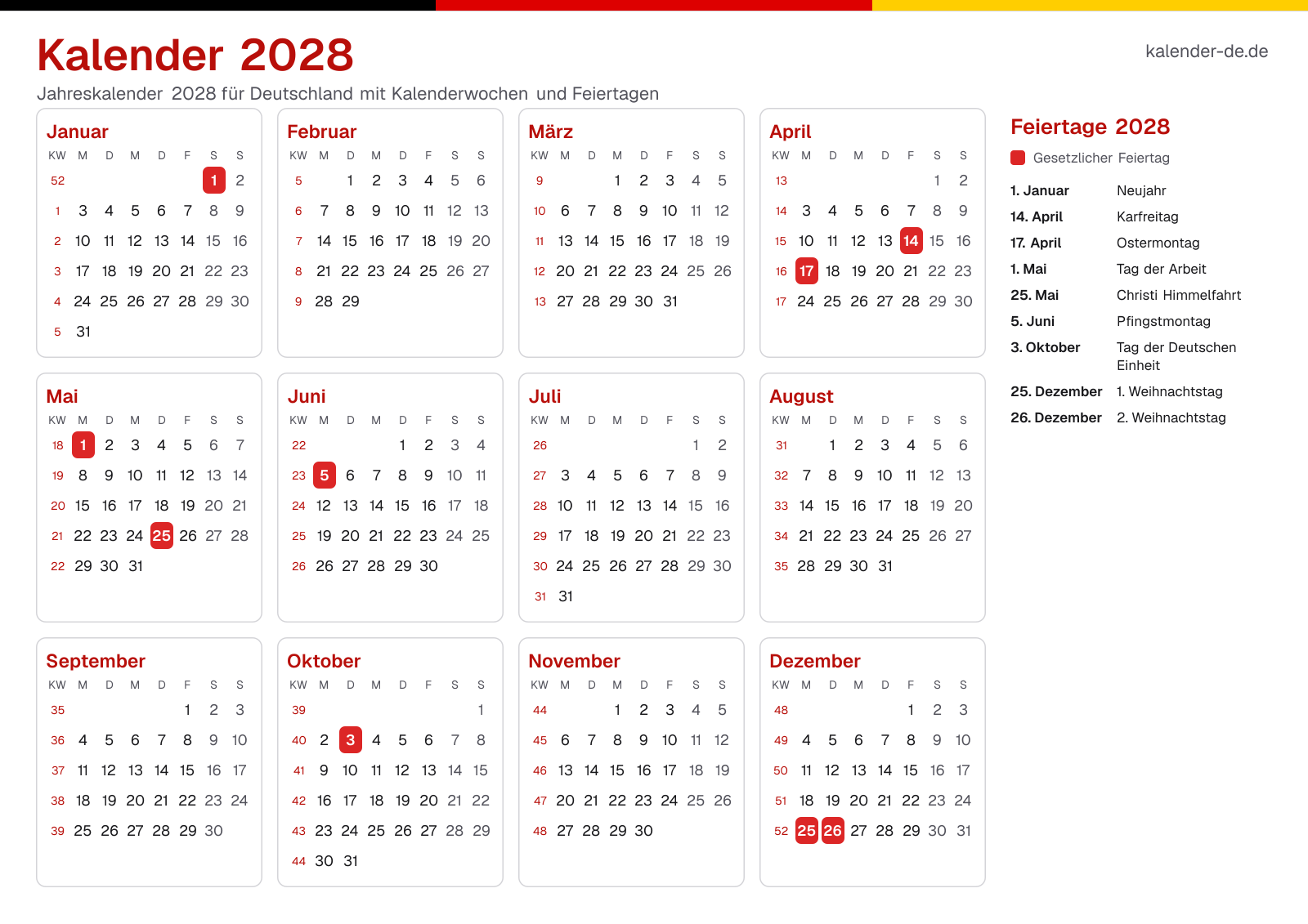 Kalender 2028 mit Kalenderwochen und Feiertagen