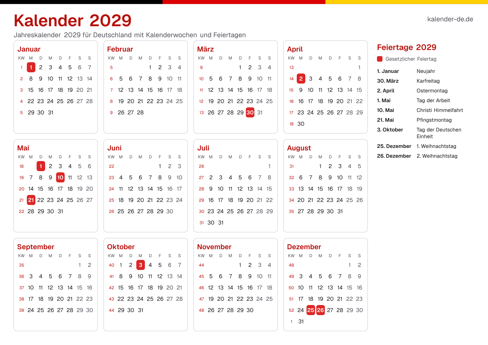 Kalender 2029 mit Kalenderwochen und Feiertagen