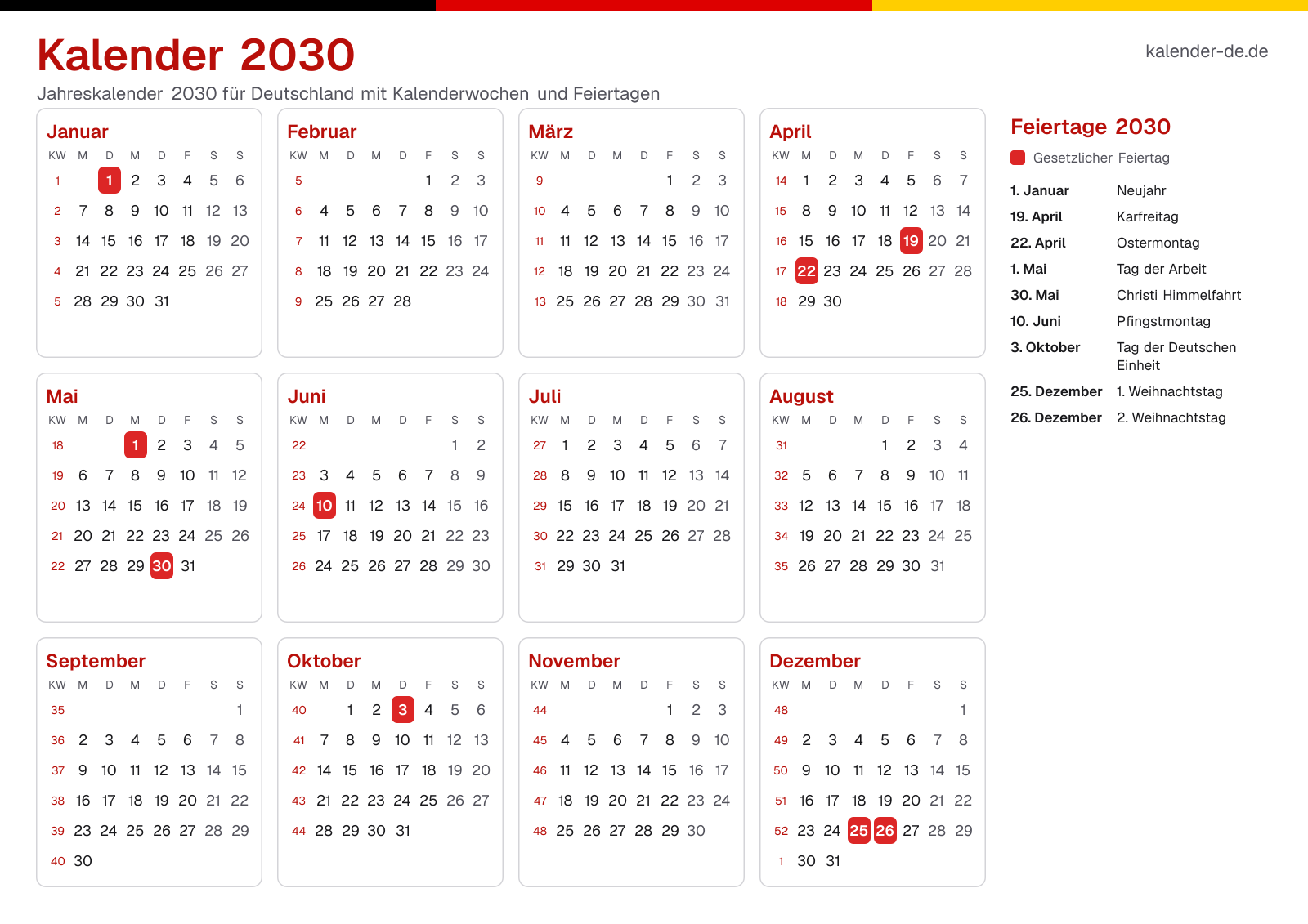 Kalender 2030 mit Kalenderwochen und Feiertagen