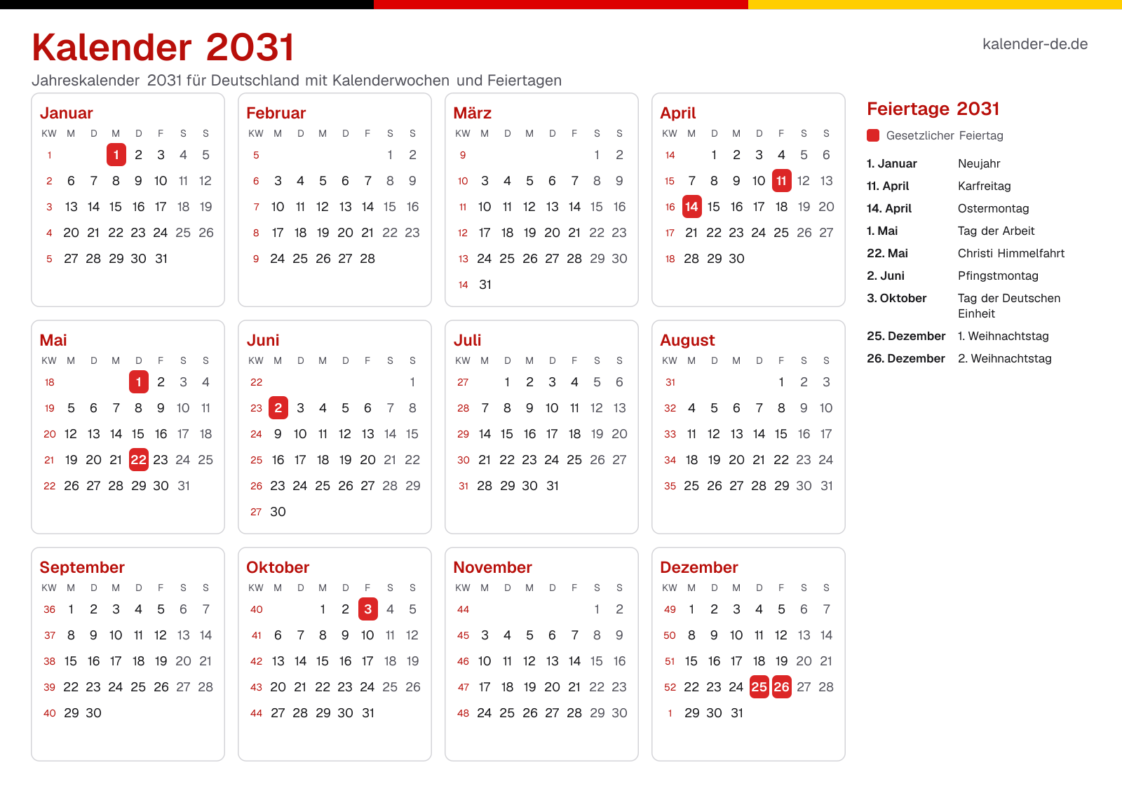 Kalender 2031 mit Kalenderwochen und Feiertagen